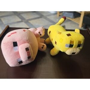 Mojang 2014‎ Minecraft Plush Yellow Lynx Cat & Pink Pig  Yellow Stuffed Animal